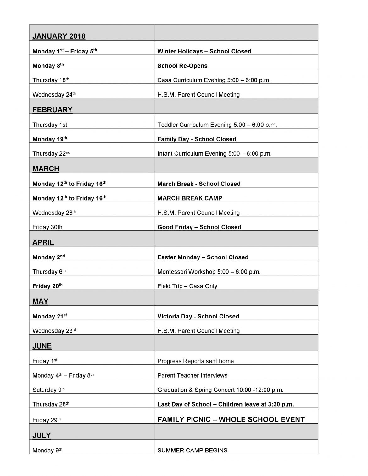 Head Start Montessori Yearly Calendar